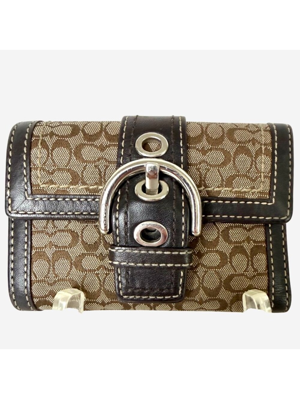 Vintage Coach Soho Signature Buckle Trifold Wallet Brown Khaki Jacquard Y2K VGUC